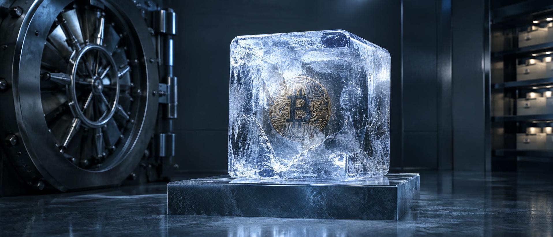 Frozen ice block encasing a crypto coin in a secure vault