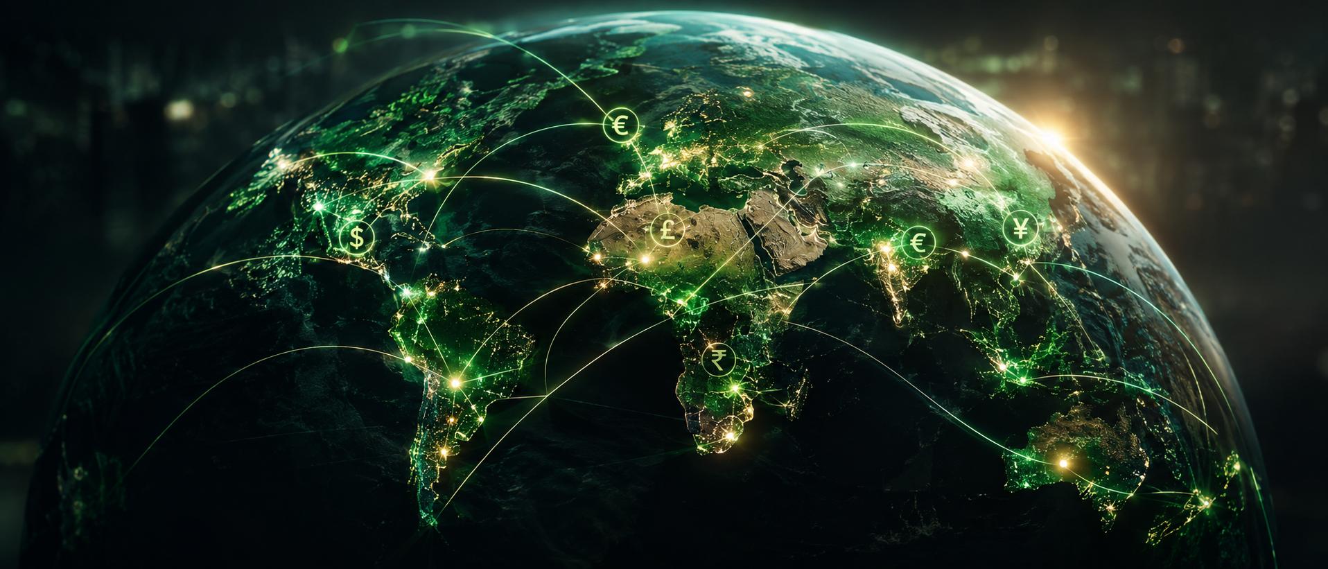 Globe highlighting emerging market regions with glowing currency lines