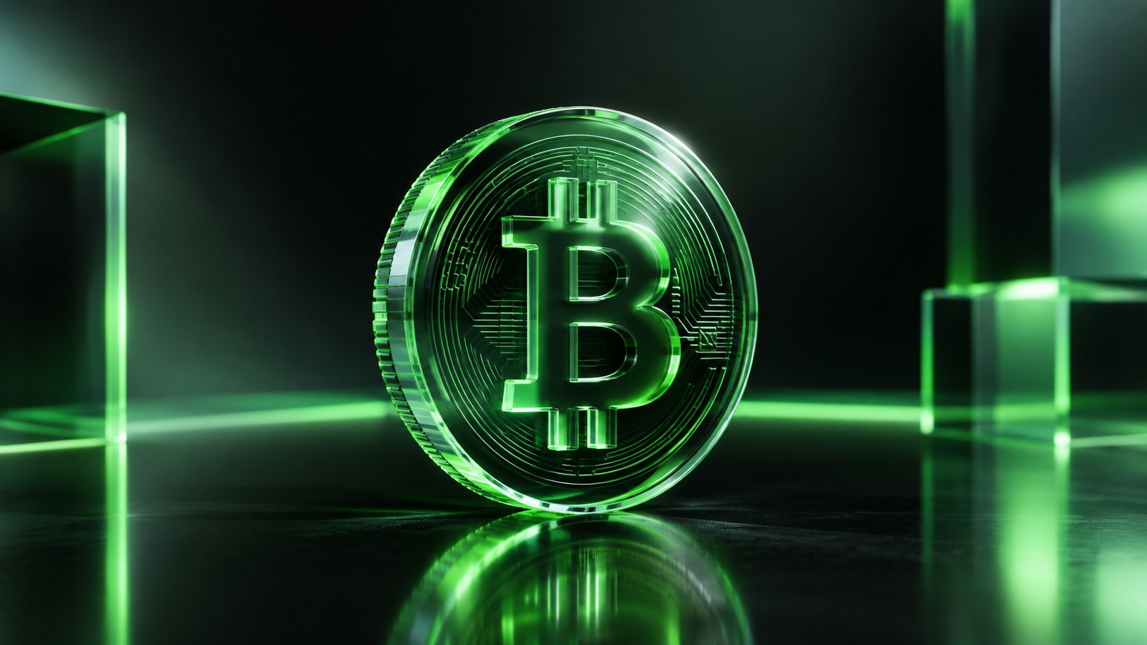 Gleaming physical bitcoin coin standing upright on a reflective dark surface
