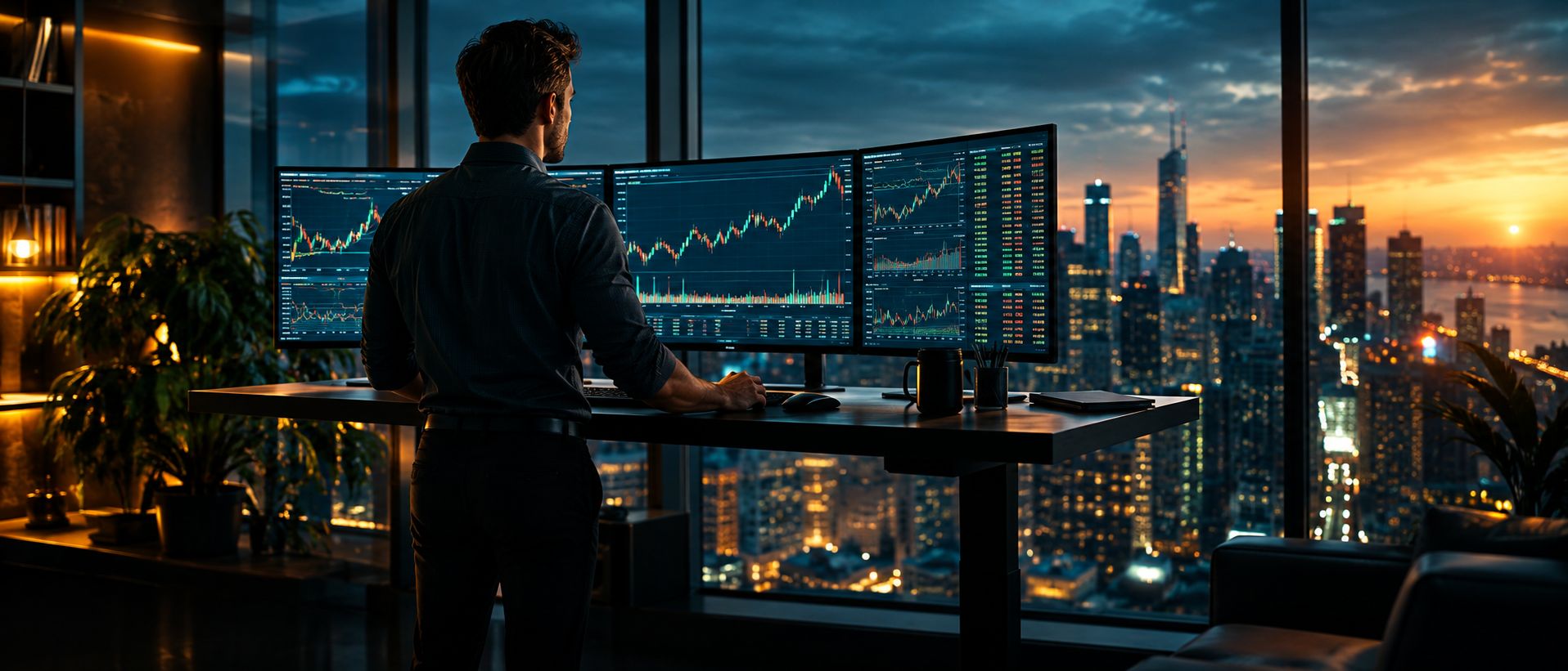 Investor at a standing desk watching fast moving intraday stock charts