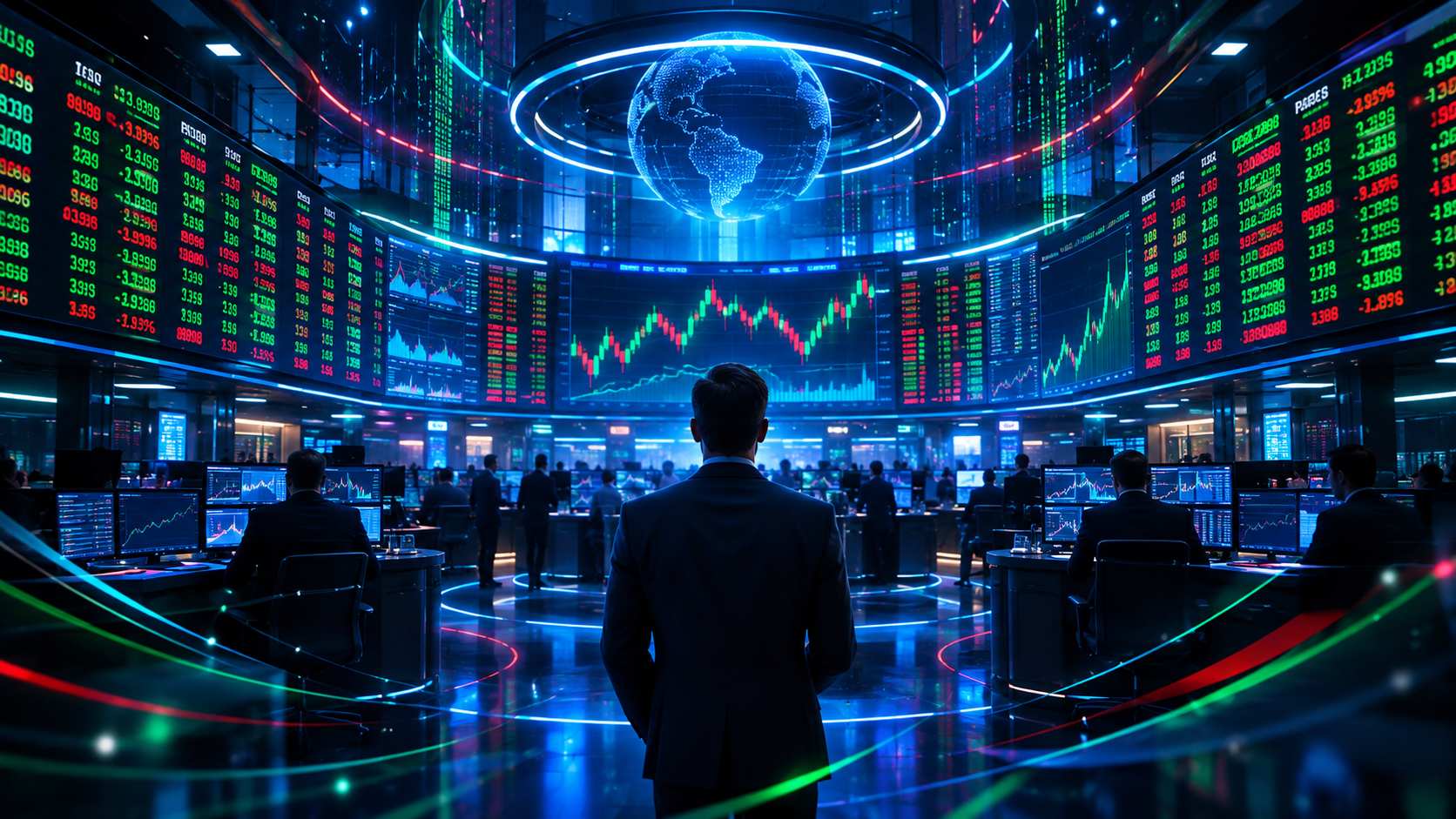 Modern stock exchange trading floor with large screens of green and red tickers